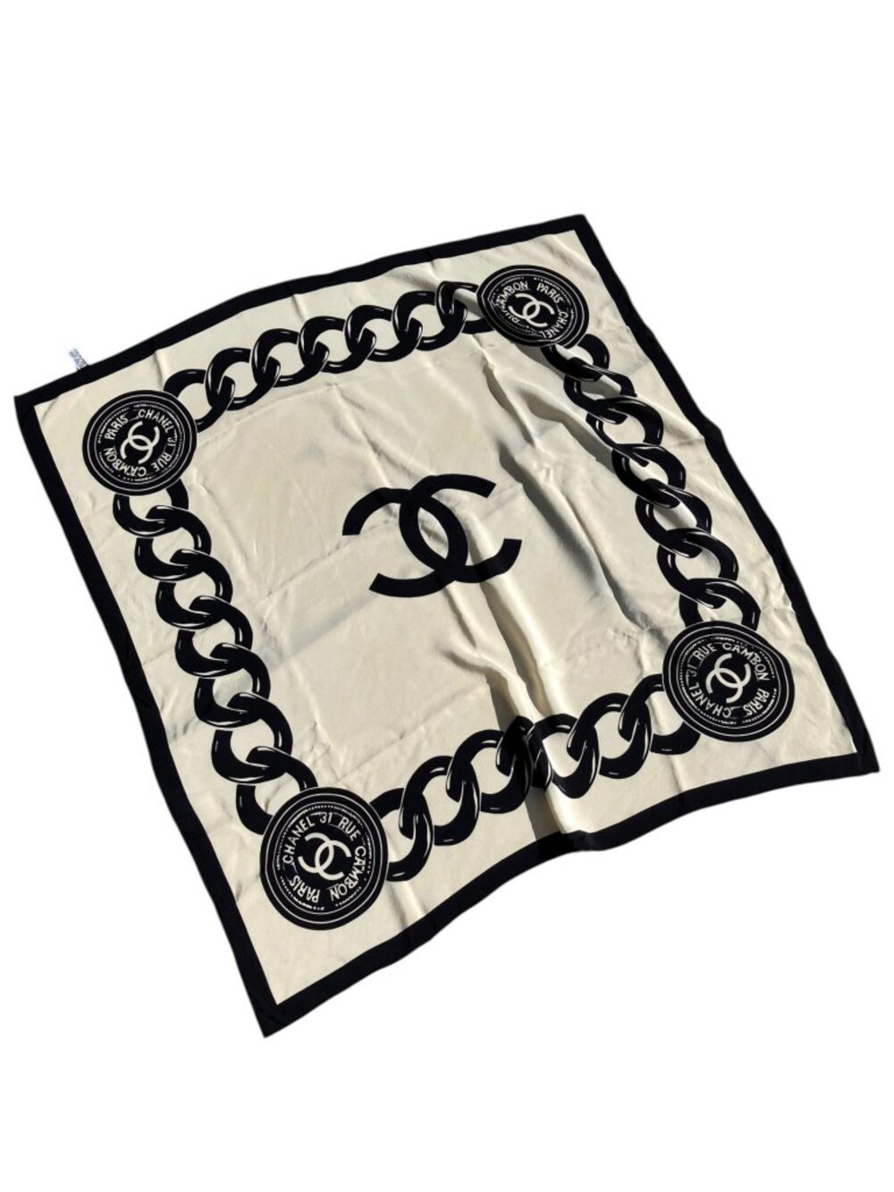 CHANEL 31 Rue Cambon Chain Coco Mark Silk Scarf Foulard Black Cream Carré 90 35"